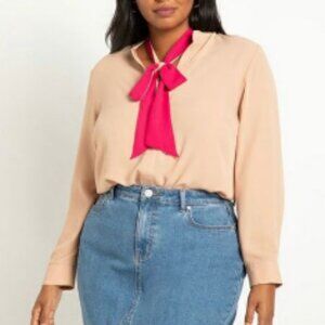 NWT Eloquii Two Toned Tie Blouse in Camel and Fuchsia